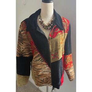 Vintage Julia Kim Artsy Red Black Gold Velvet Tapestry Patchwork Zip Up Jacket